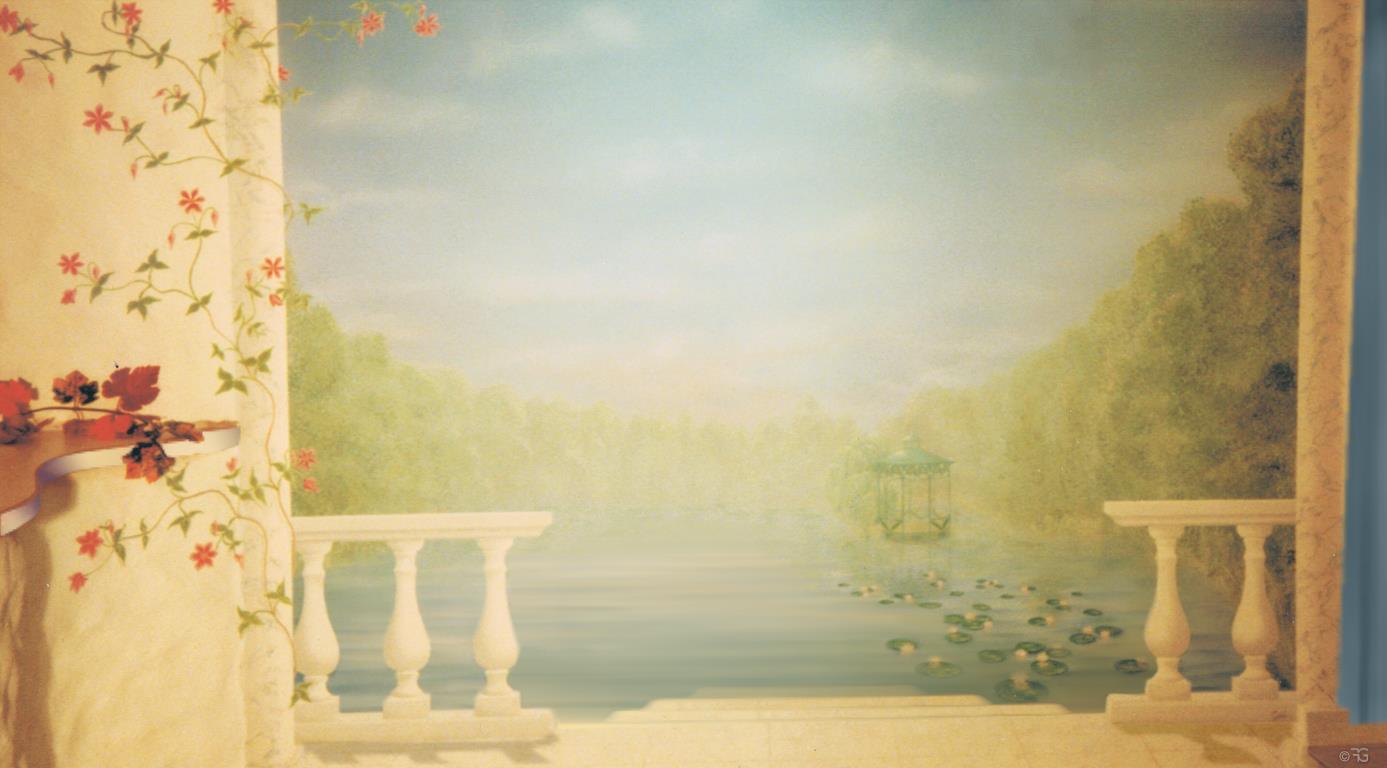 Illusionsmalerei von Grollmus: Pavillon auf einem kleinen See mit Balustrade und Einstieg ins Wasser